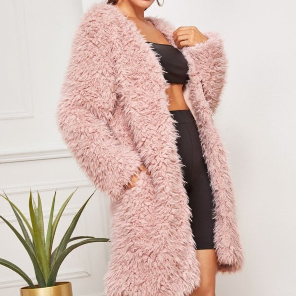 Pink oversized Open Front Fuzzy teddy Coat jacket - Picture 7 of 12